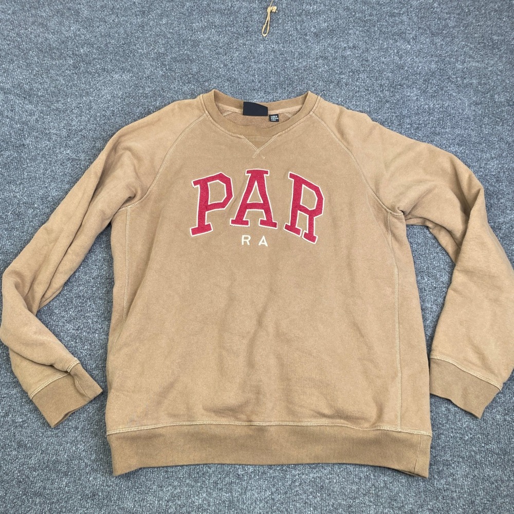 Parra Crewneck Sweatshirt Mens Large Tan Brown Red Applique Logo Cotton Pullover